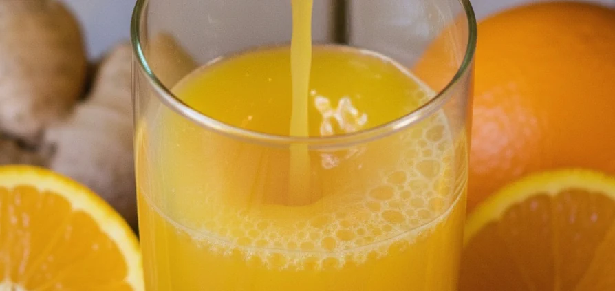 Nahaufnahme von Einschank von Mein Ginger Original in ein Glas. Orangen und Ingwer sind sichtbar.